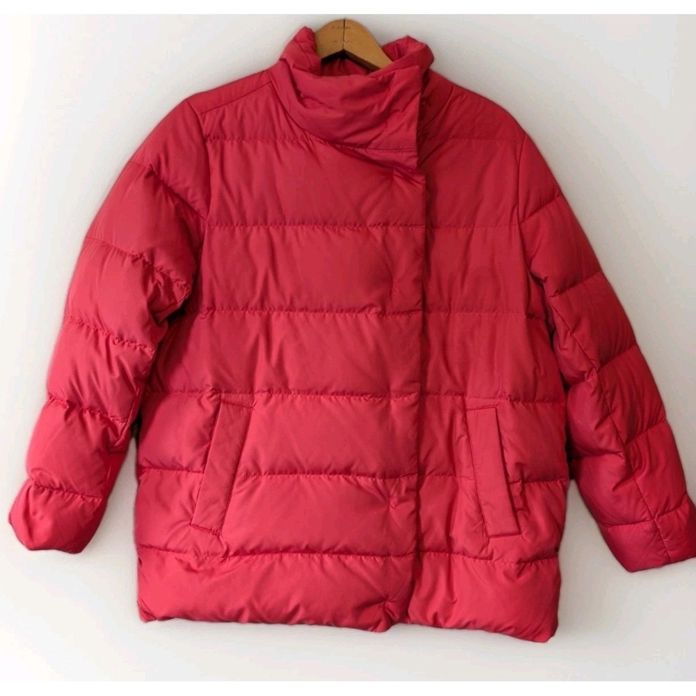 J.Jill Chloe Down Puffer Jacket Red Asymmetrical Snap Quilt Women Small Petite